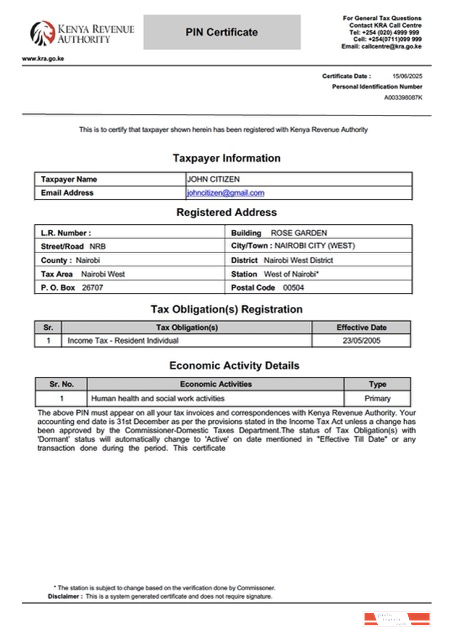 Kenya taxpayer certificate Word and PDF template